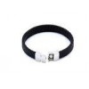 Leather Stainless Steel Bangle Bracelet Matching Black Rubber With Metal Clasp For Men