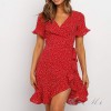 Self Tie Wrap Dress Mini Dress Women Boho Ruffle Hem Flare Sleeve Summer Mini Dresses